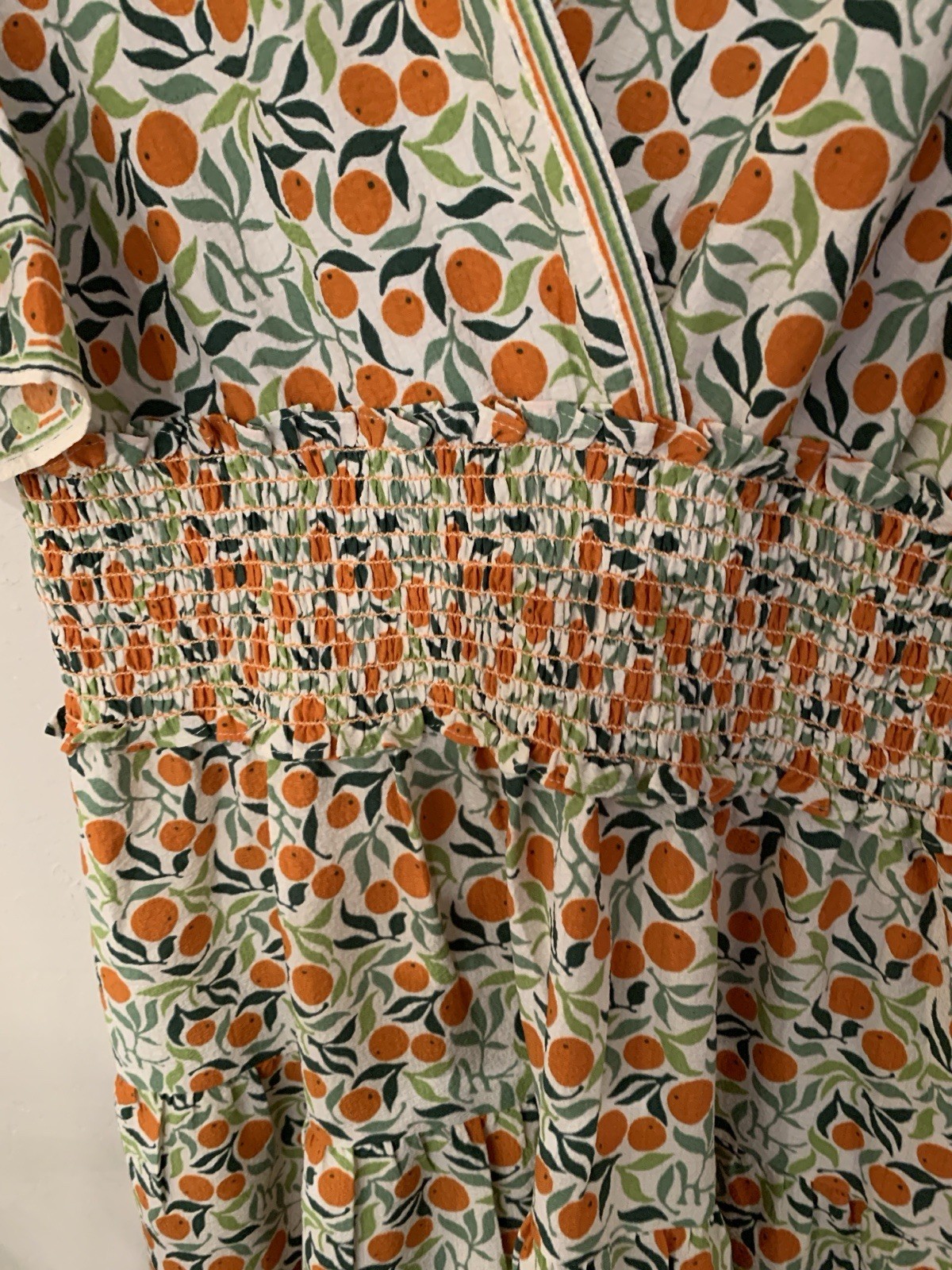 Max Studio London White Orange Green Floral Smocked V-Neck Mini Dress L NWT