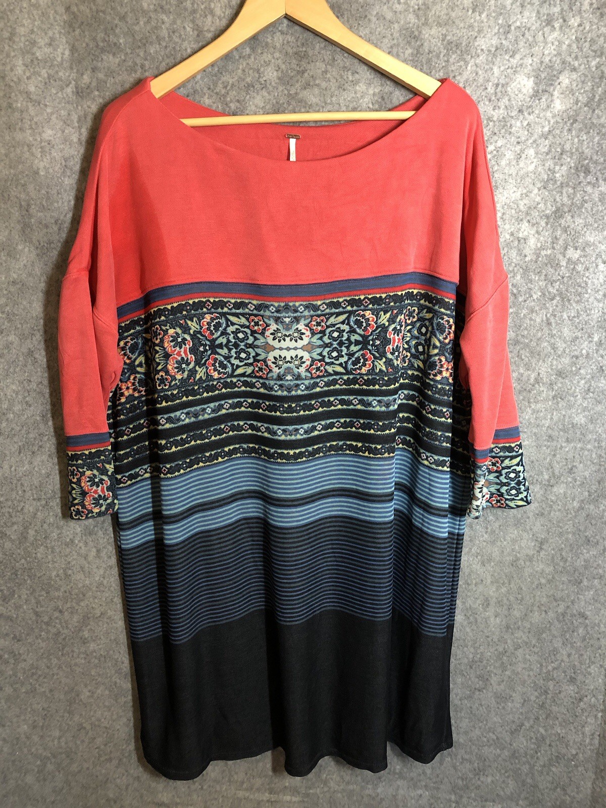 Free People Dress Womens Medium Blue Floral Boho Knit Stretch Career Classic