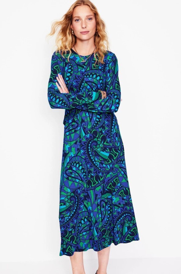 Boden Womens Midi Dress UK 6 US 2 Blue Paisley Twisted Waist Jersey D1040 NWT