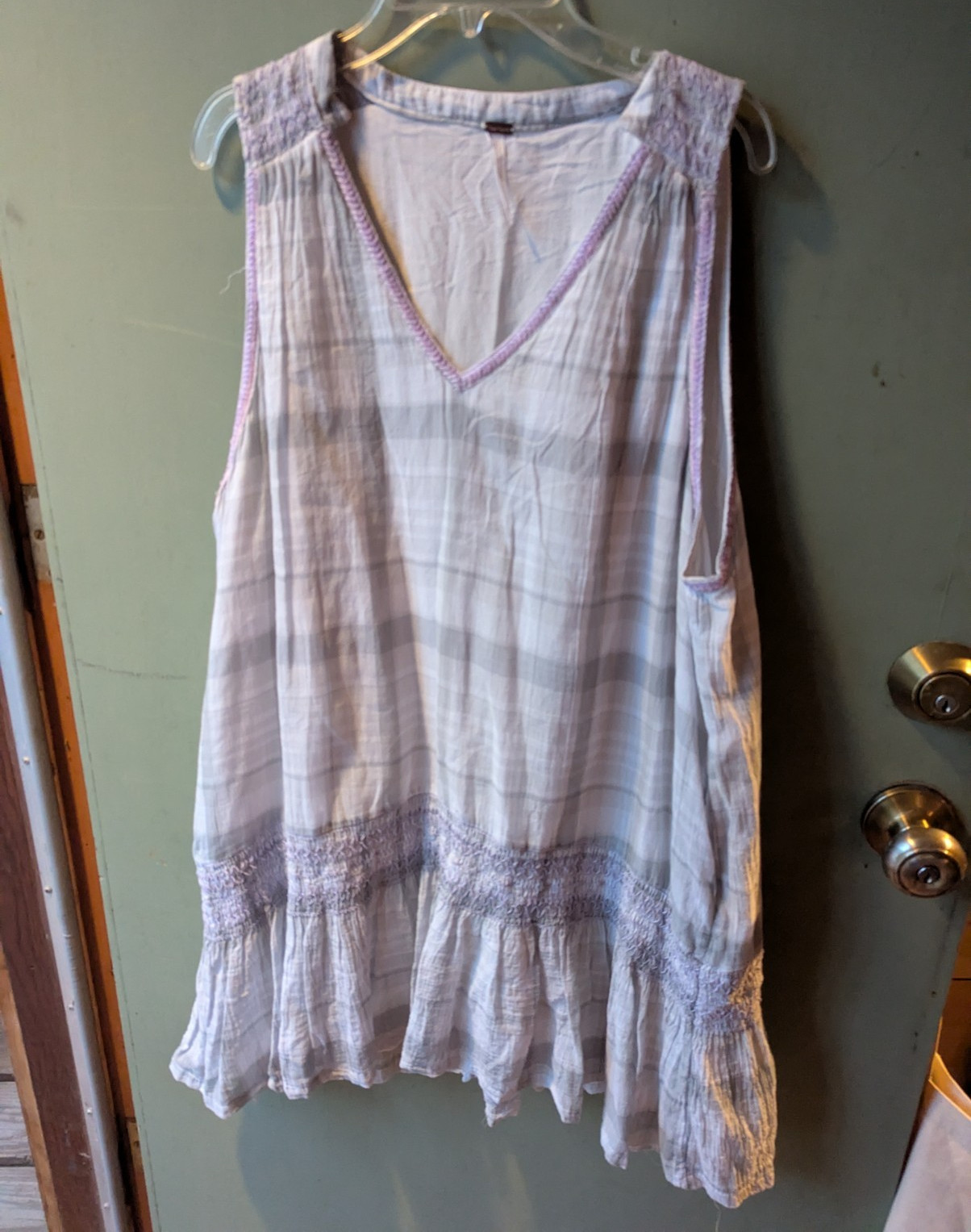 Free People Cottage Boho White/Purple Cotton Woven Plaid Smocked Tunic Mini XS