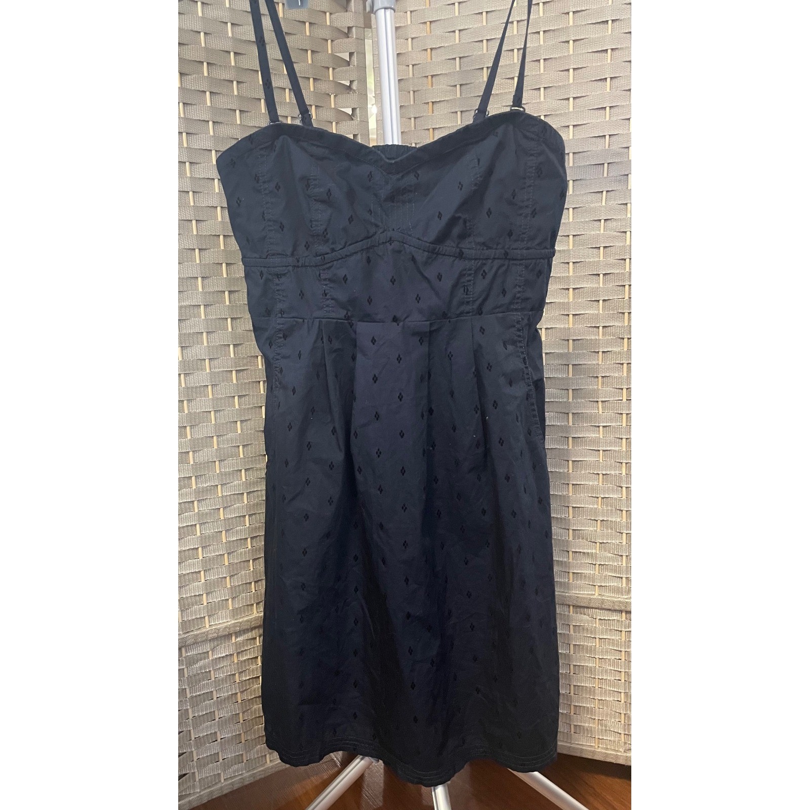 American Eagle Navy Flocked Diamond Sun Dress Smocked Back Pockets Women’s 10