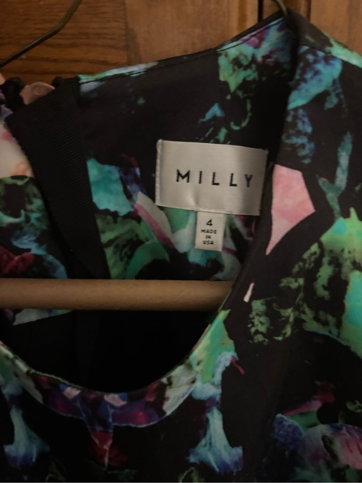 Milly Sleeveless Abstract Floral Mini Dress in Green, Purple, Pink and Black