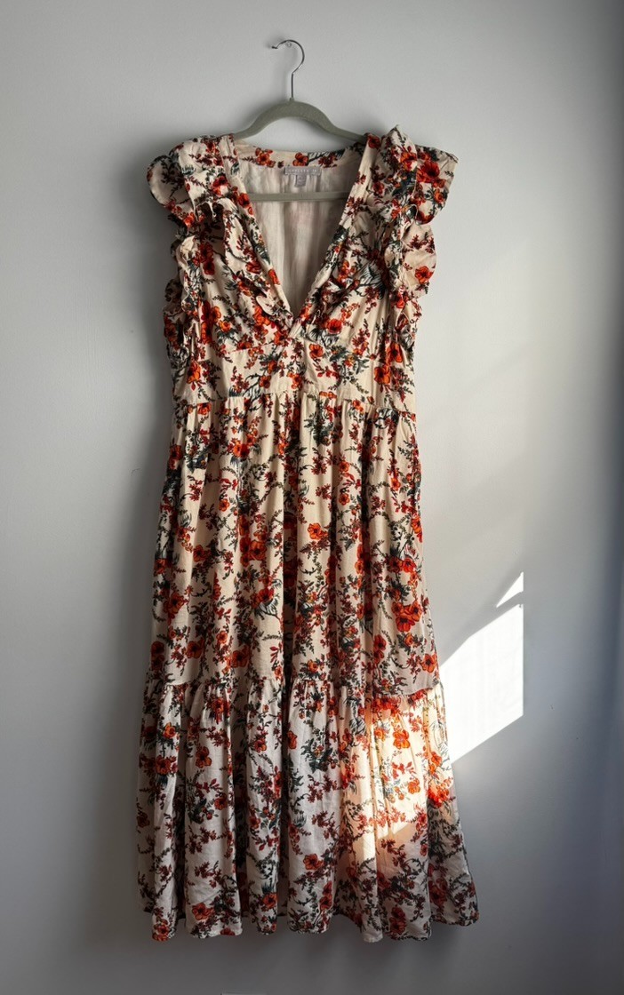 NWOT Chelsea28 Floral Print Ruffle Sleeve Organic Cotton Blend Dress – L