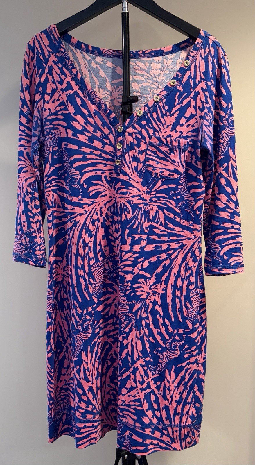 Lilly Pulitzer Blue Pink Pima Cotton Palm Print Henley T-Shirt Dress Size S