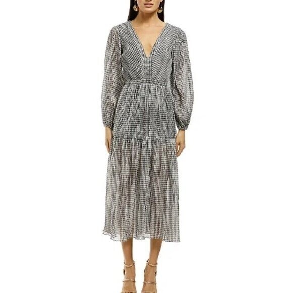 Bec & Bridge Nadine Crinkled Gingham Midi Dress Black US 6 UK 10 2249