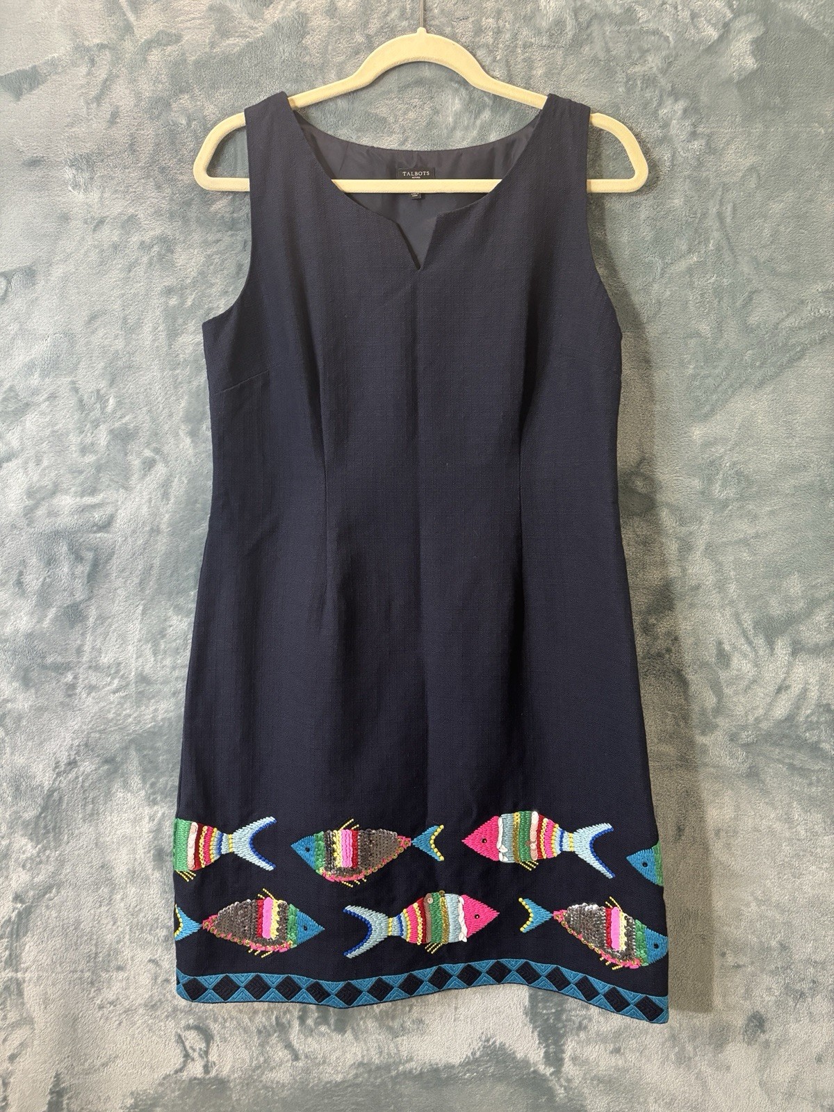 Talbots Sleeveless Shift Sheath Dress Sequence Embroidered Fish Women 10P Blue