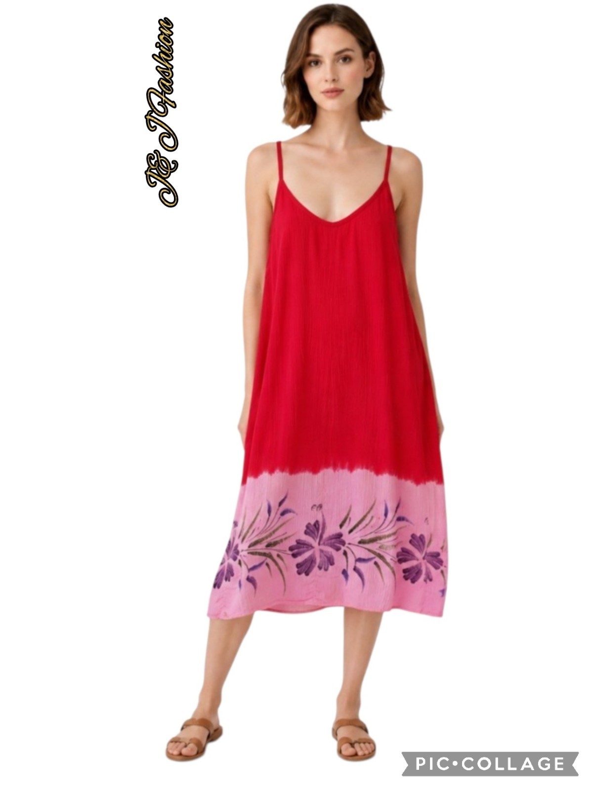 J&J Fashion red-pink ombre floral slip dress with hibiscus print detail size NWT