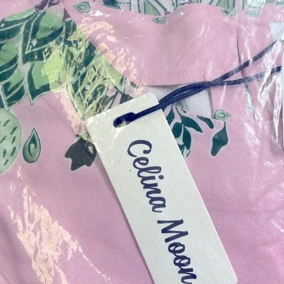 NWT CELINA MOON Bell Sleeve Floral Pink and Green Dress Size LARGE