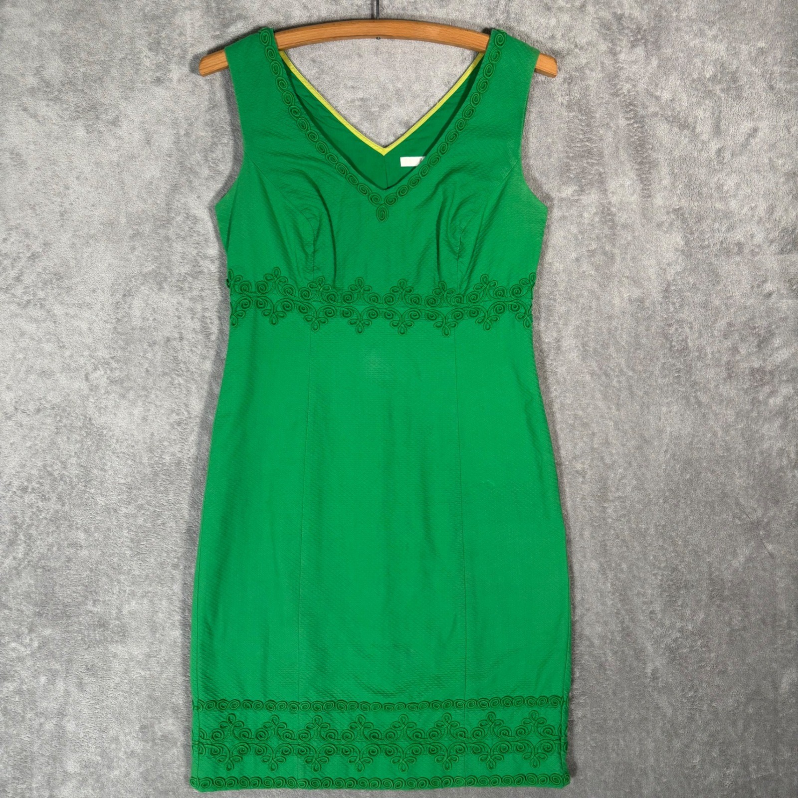 Boden Green Soutache Embroidered Cotton Sheath Dress US 6R MCM Retro Mod