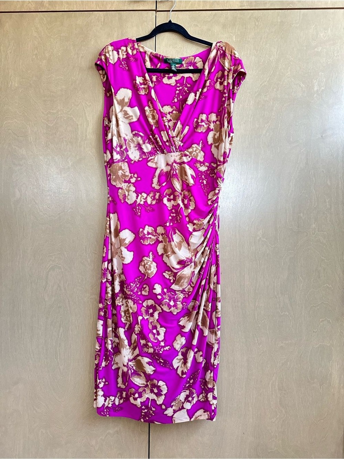 Ralph Lauren Pink Floral Ruched Sheath Dress Size 12 Faux Wrap Office Cocktail