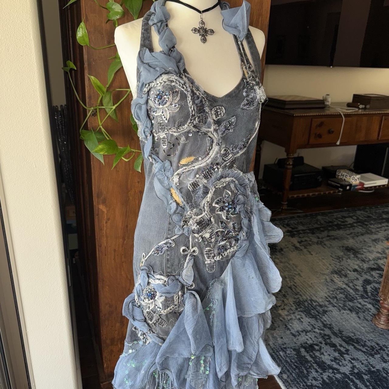 fairy 90s iridescent lace trimmed beaded floral embroidered denim halter dress