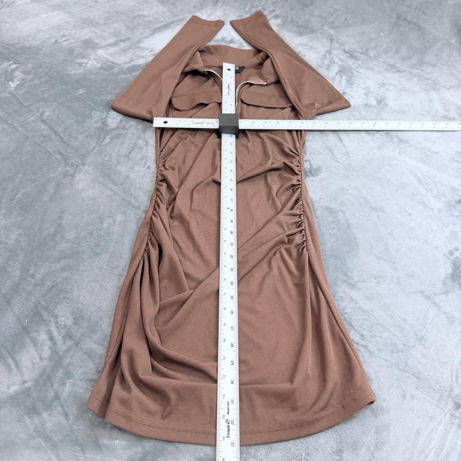Cider Bodycon Mini Dress W/ Zipper Neckline Pocket Detail Sz M Brown Stretch
