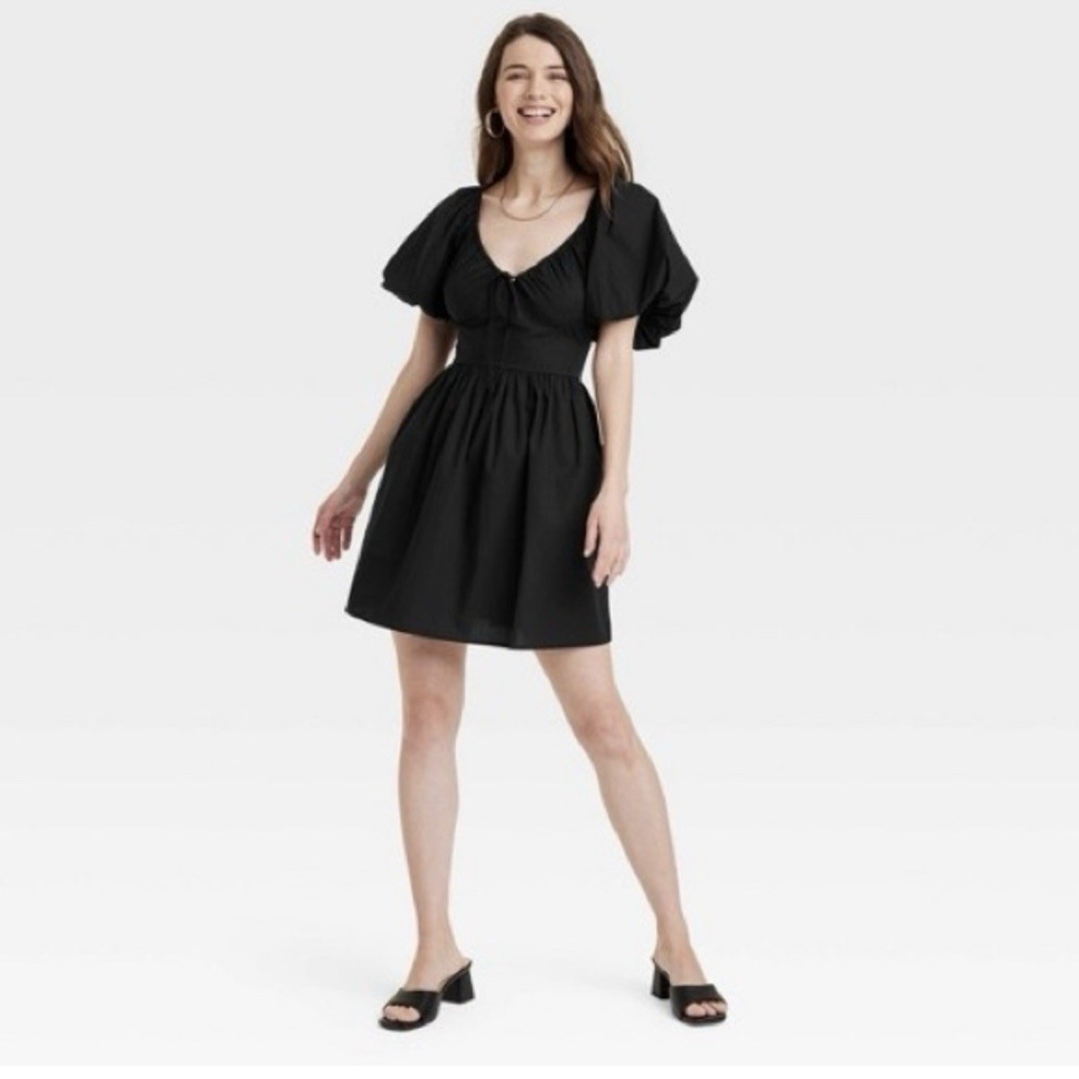 Short Puff Sleeve Poplin Mini Dress Black Womens Small Whimsigoth Cottagecore