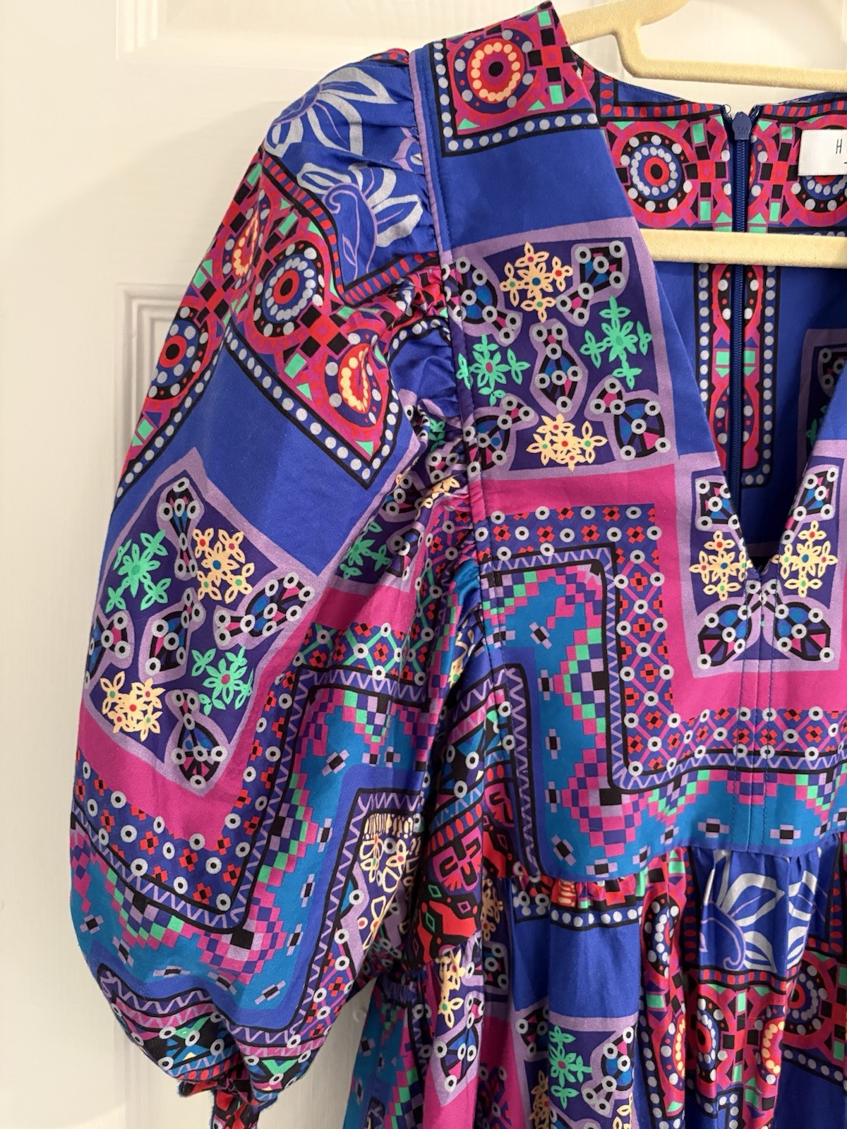 Hunter Bell Palmer Dress Puff Sleeve Midi Multi Talavera Patchwork Sz Small EUC