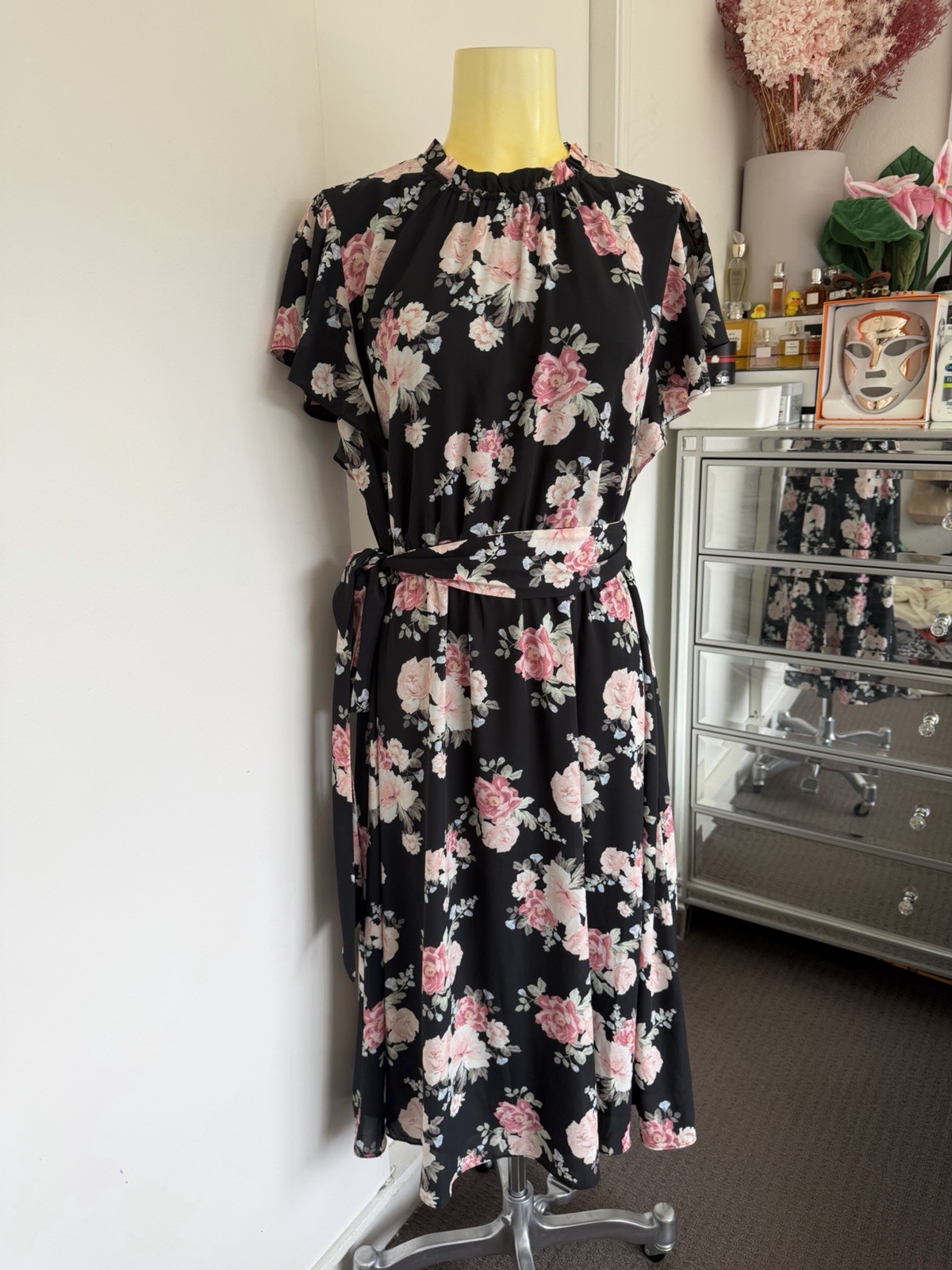 Review Dress 14 Black Floral A Line Frill Fully Lined Midi