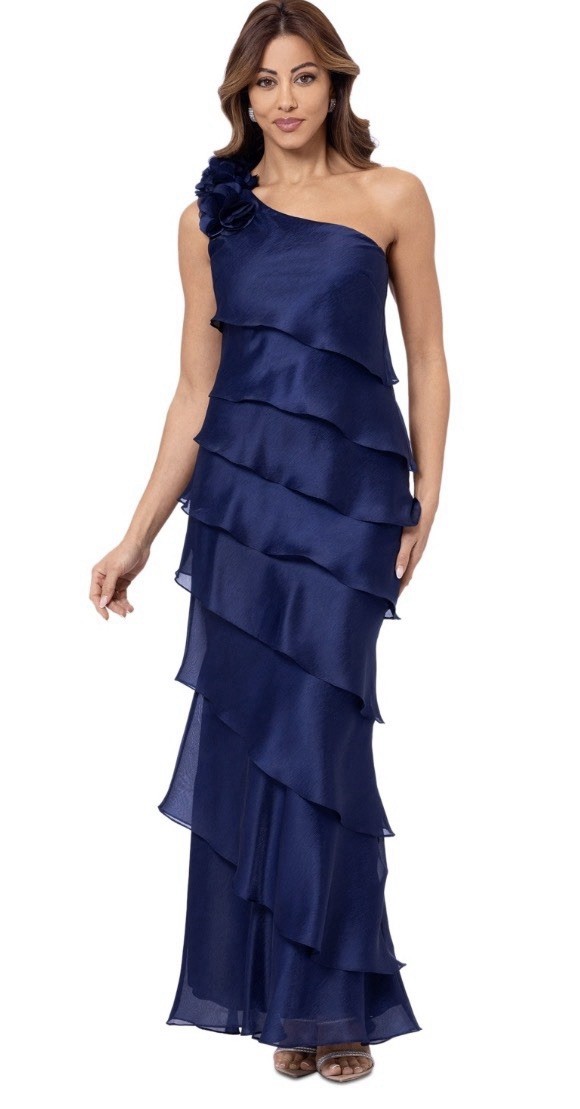 XSCAPE Women’s Blue Tiered Chiffon One-Shoulder Dress Size 16