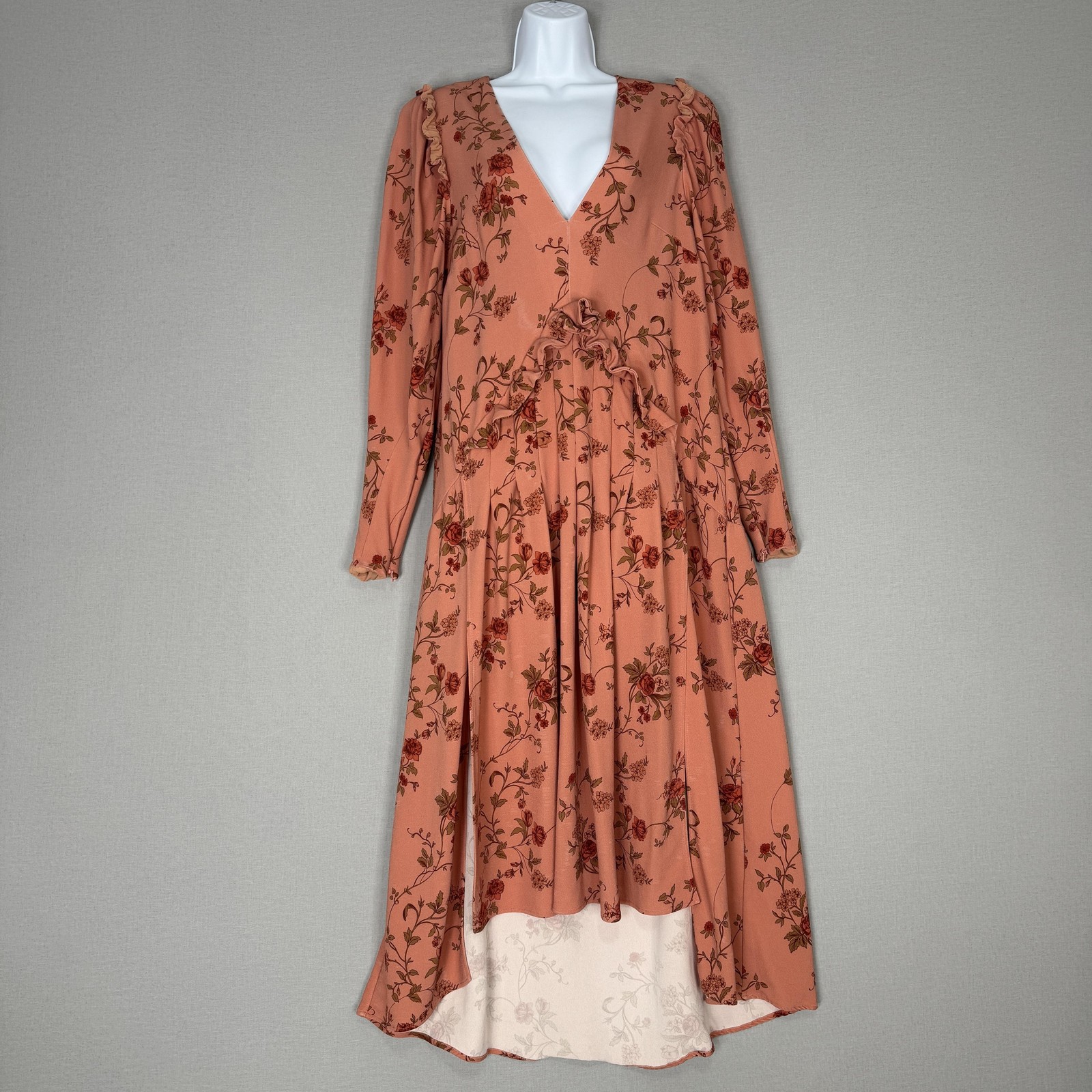 Mother of Pearl Dress Womens 10 Pink Crepe Midi Floral V-Neck Ruffle Cottage
