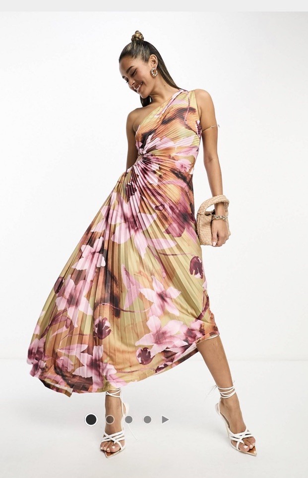 ASOS Yellow Pink Floral one shoulder cutout satin plisse midi dress Size US8 NWT