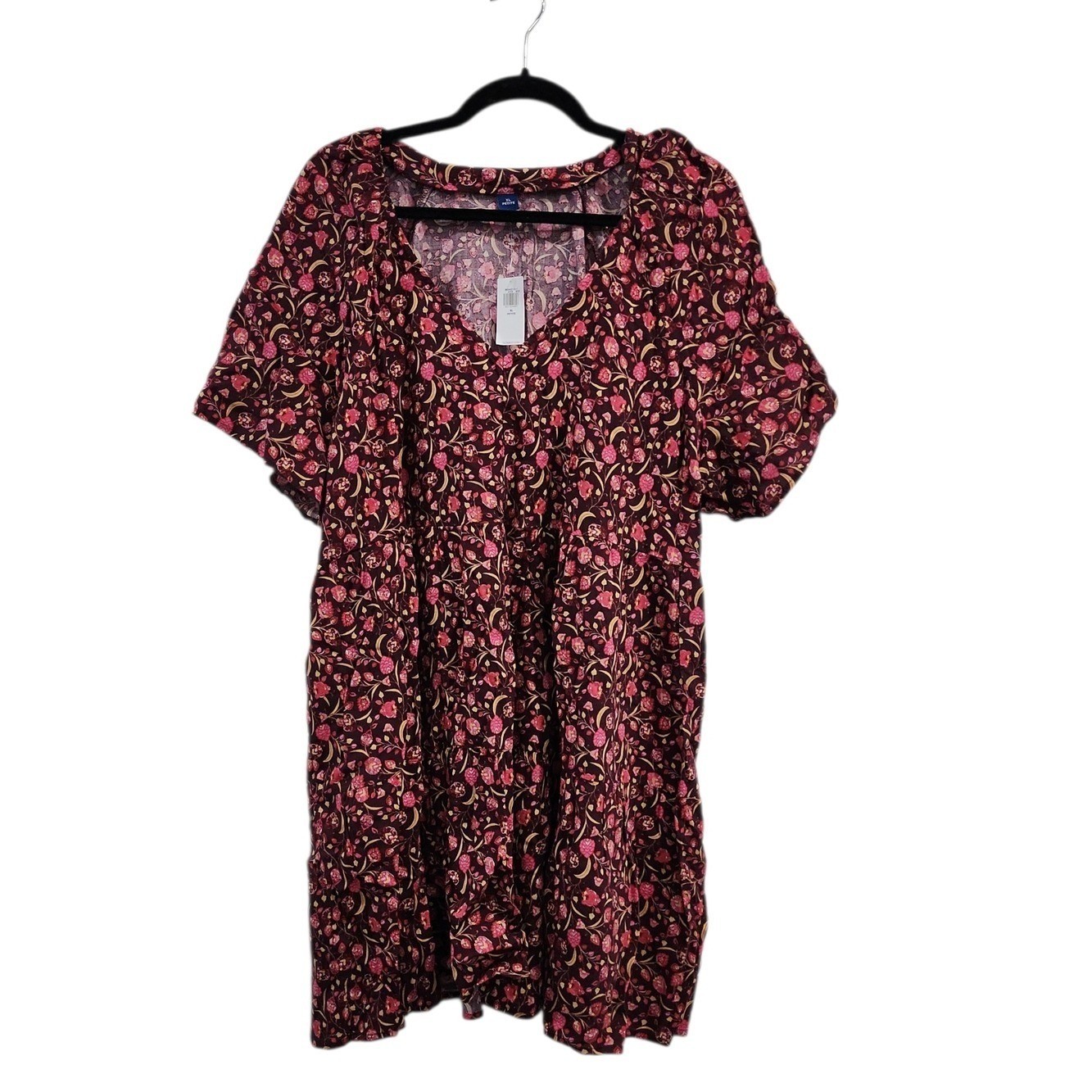 Old Navy Swing Dress Women XL Petite Burgundy Floral Boho Casual Tiered Everyday