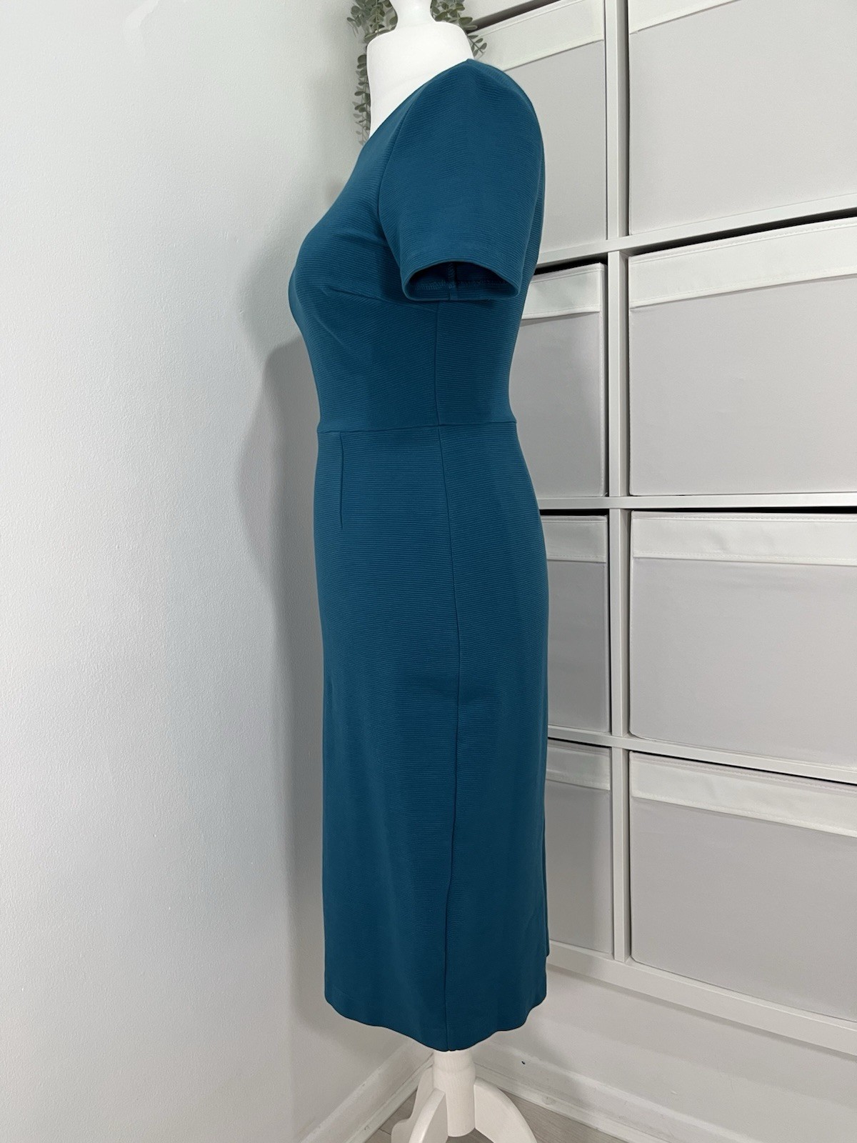 Boden Ribbed Pencil Wiggle Midi Dress Size 14 Blue Stretch Occasion Office Work
