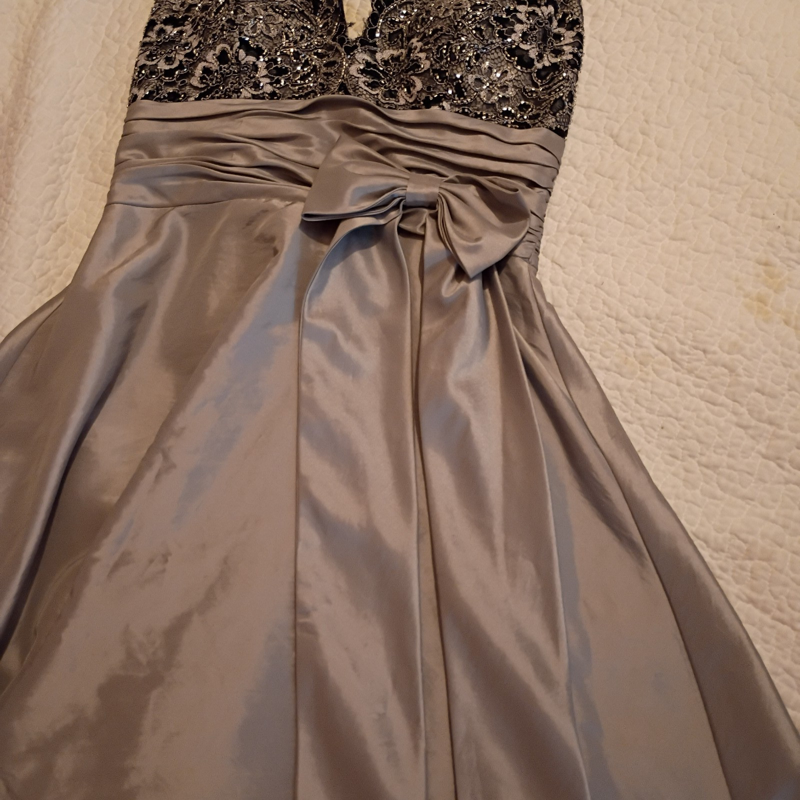 JS Boutique prom dress, silver & black, woman’s 10, halter neck, knee length