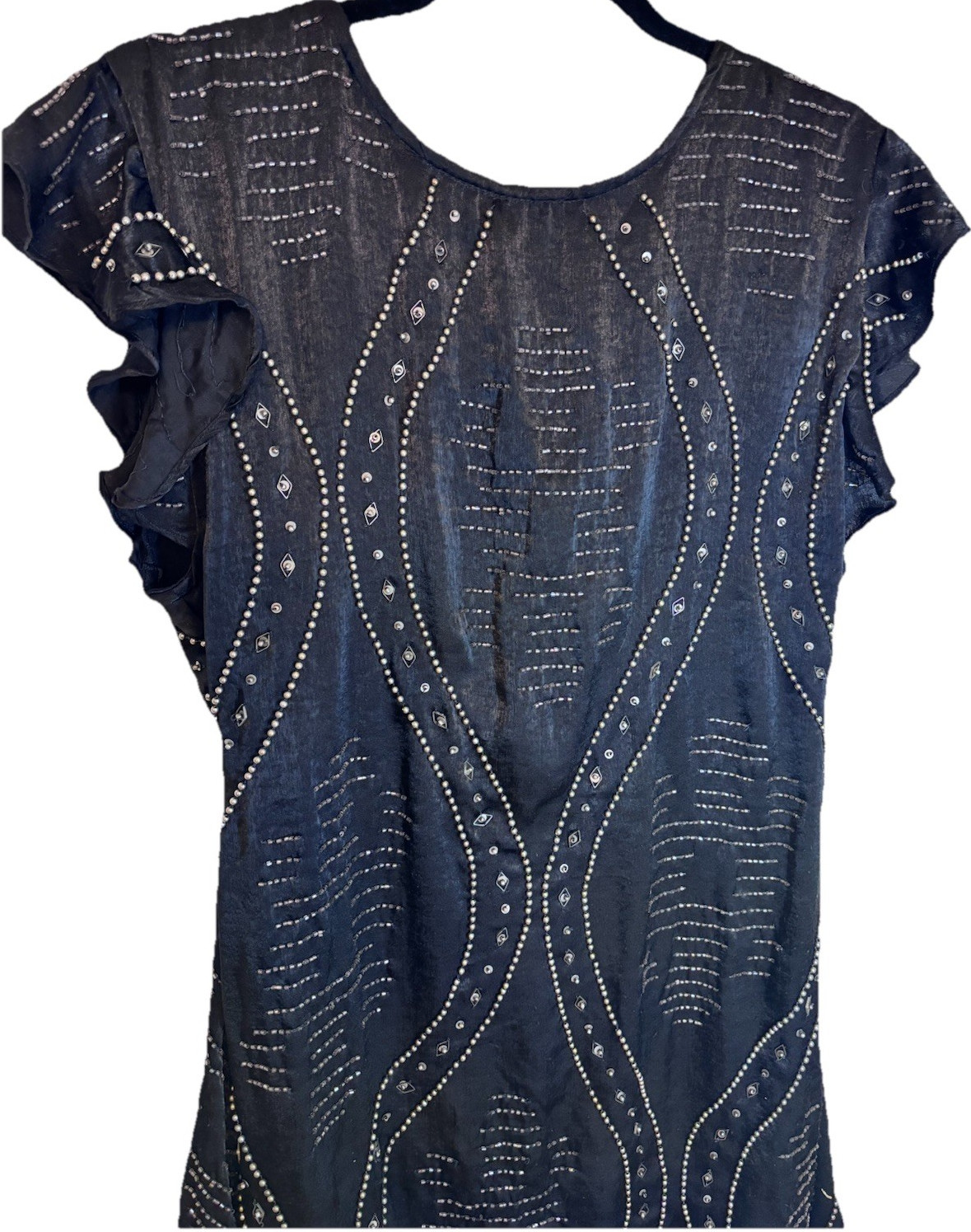 Free People Black Beaded Ruffle Short Sleeve Mini Shift Dress Size S NWT $168