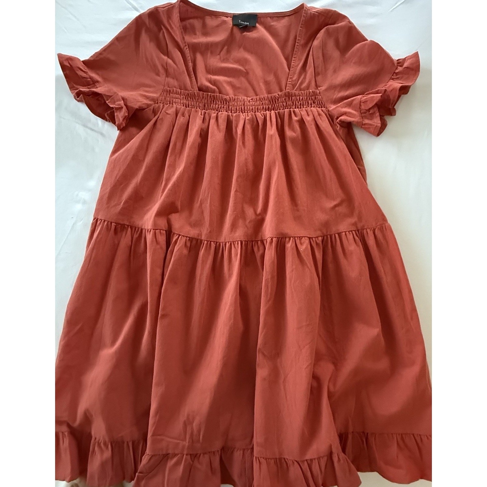 Lumiere Picking Petals Mini Flare Orange Flowy Boho Ruffled Tiered Dress Medium