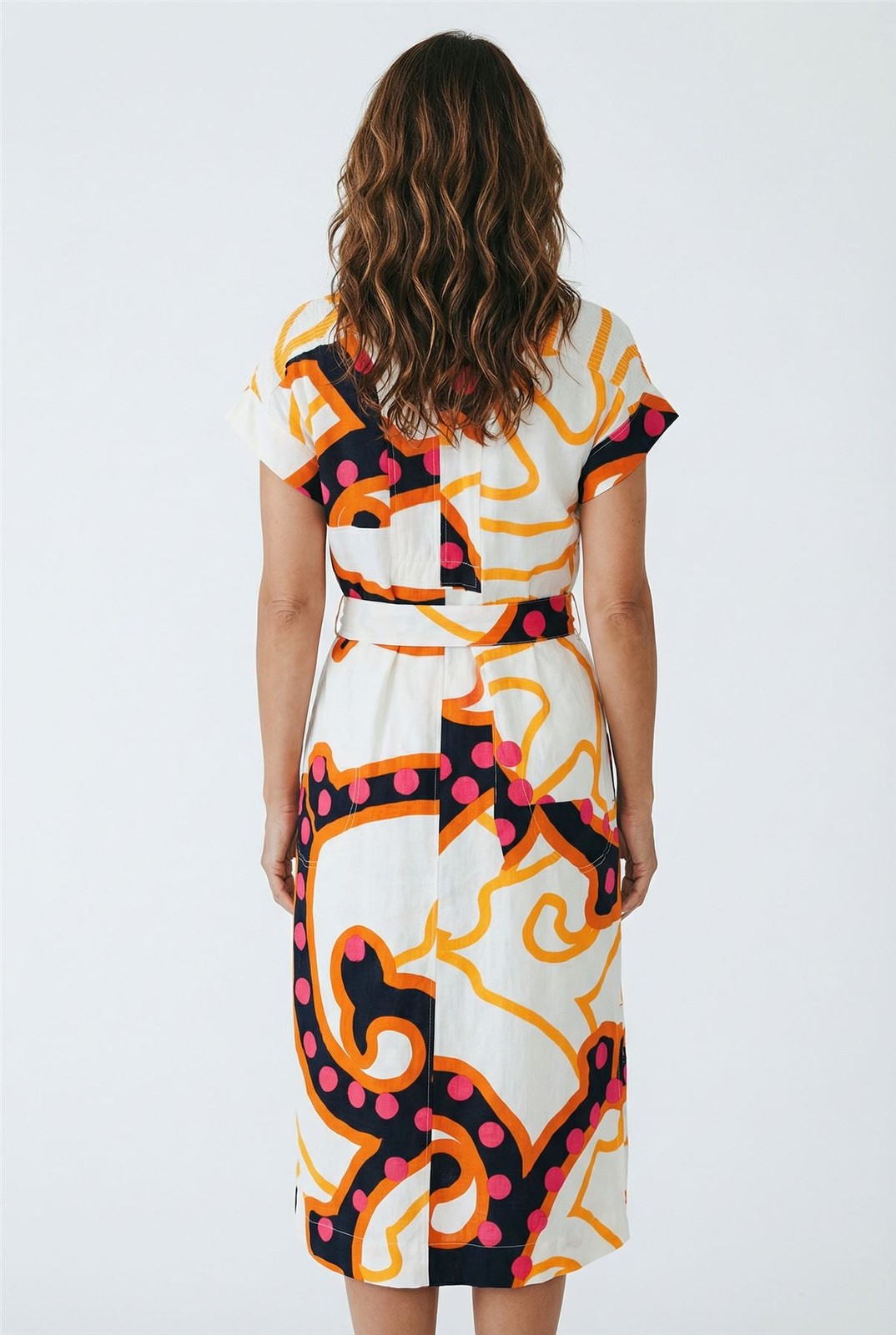 Womens White Stuff Dress Orange Marianne Midi Linen Blend Abstract Print