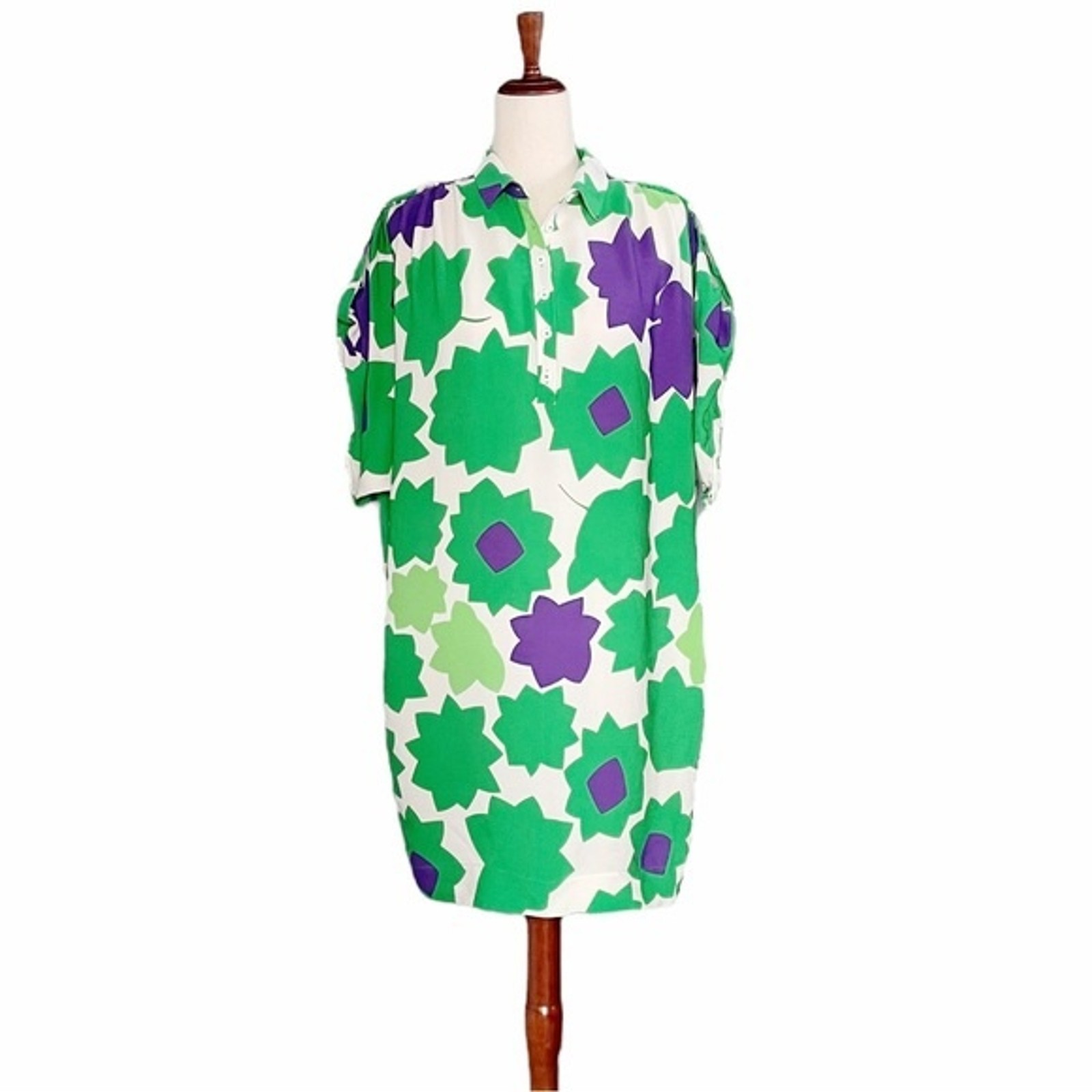 DVF Diane Von Furstenberg Green Mod Print Silk Cocoon Shirt Dress Women’s Size 8