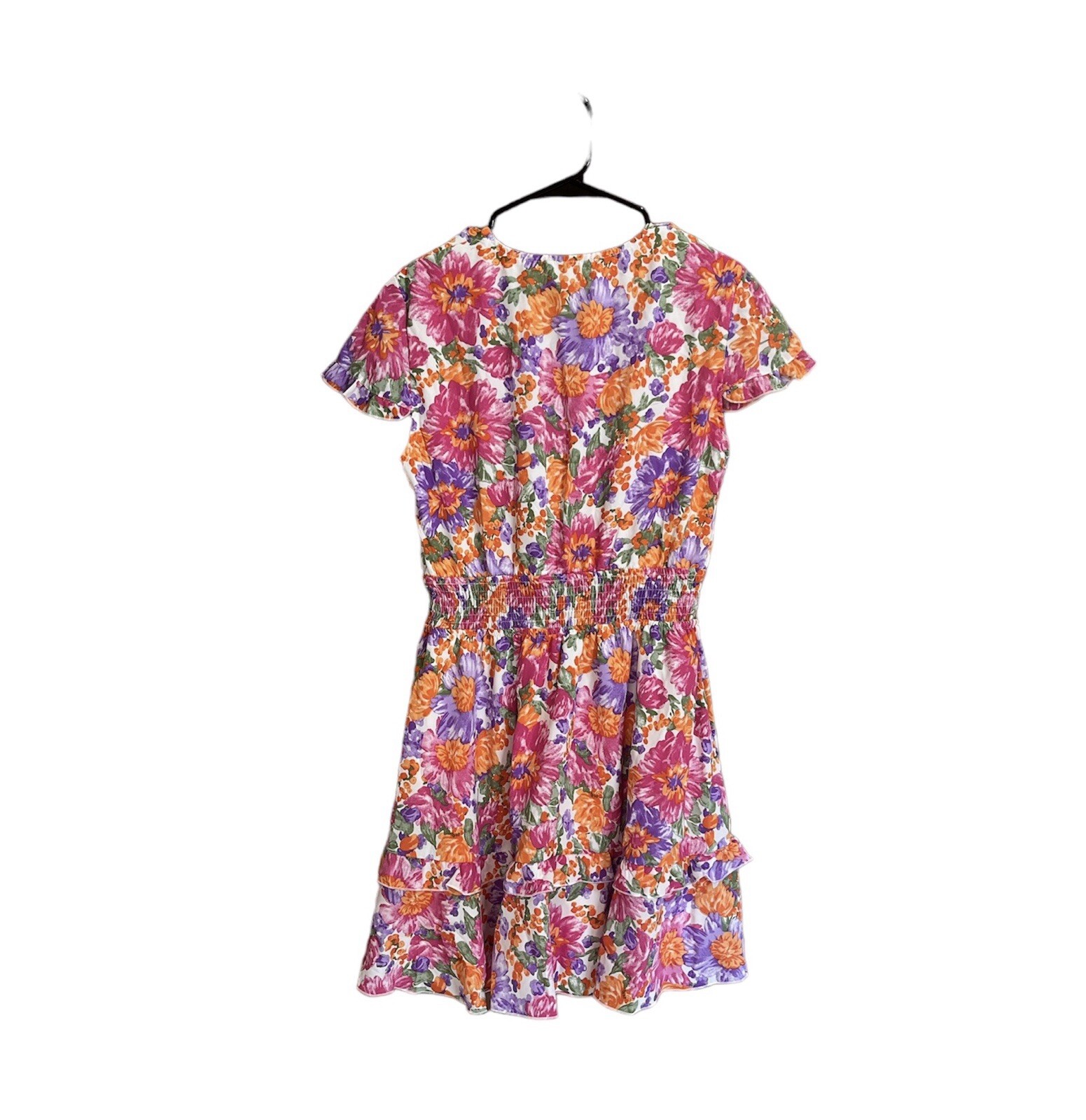 PRETTYGARDEN Women’s Large Pink Floral Boho SS Embellished V Neck Dress NEW
