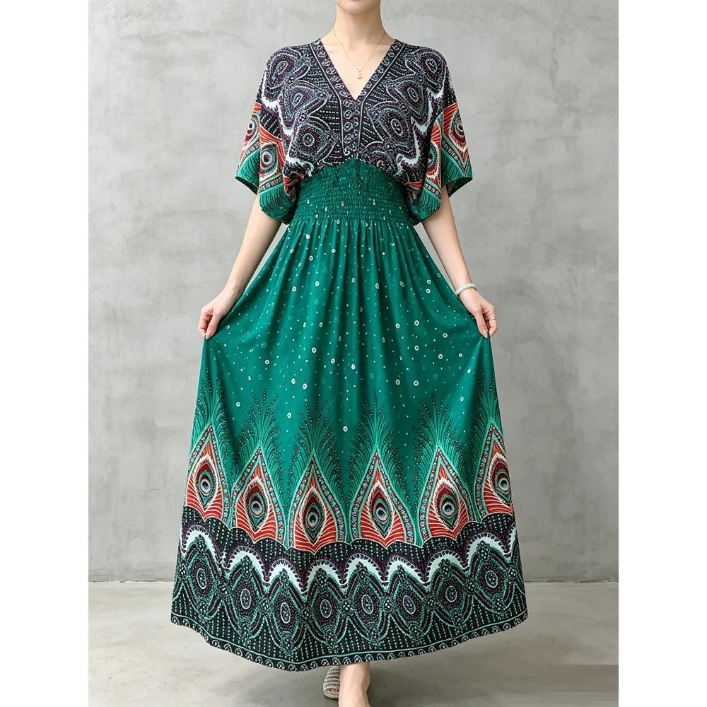 Elegant Bohemian Women Dress Elastic Waist Relaxed Silhouette All Body Fit