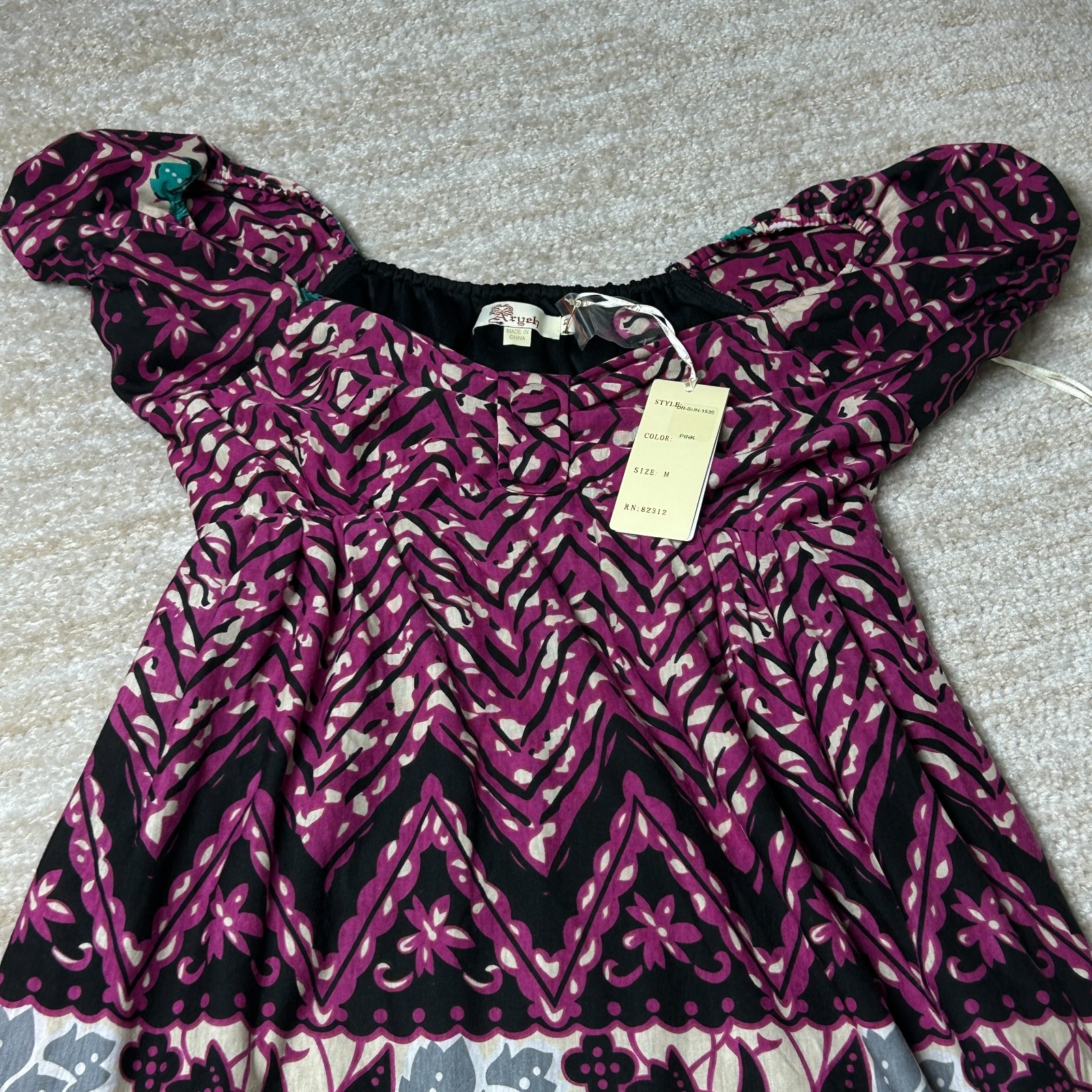 Aryeh Dress Womens Size Medium Black Purple Teal Floral Chevron Short Sleeve