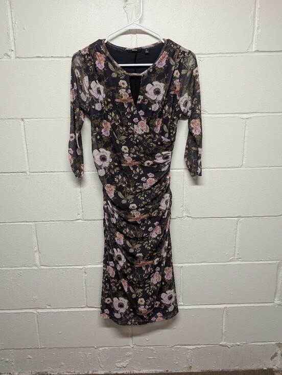 Betabrand Wanderlite Travel Purple Floral Midi Cocktail Dress (Women’s Small)