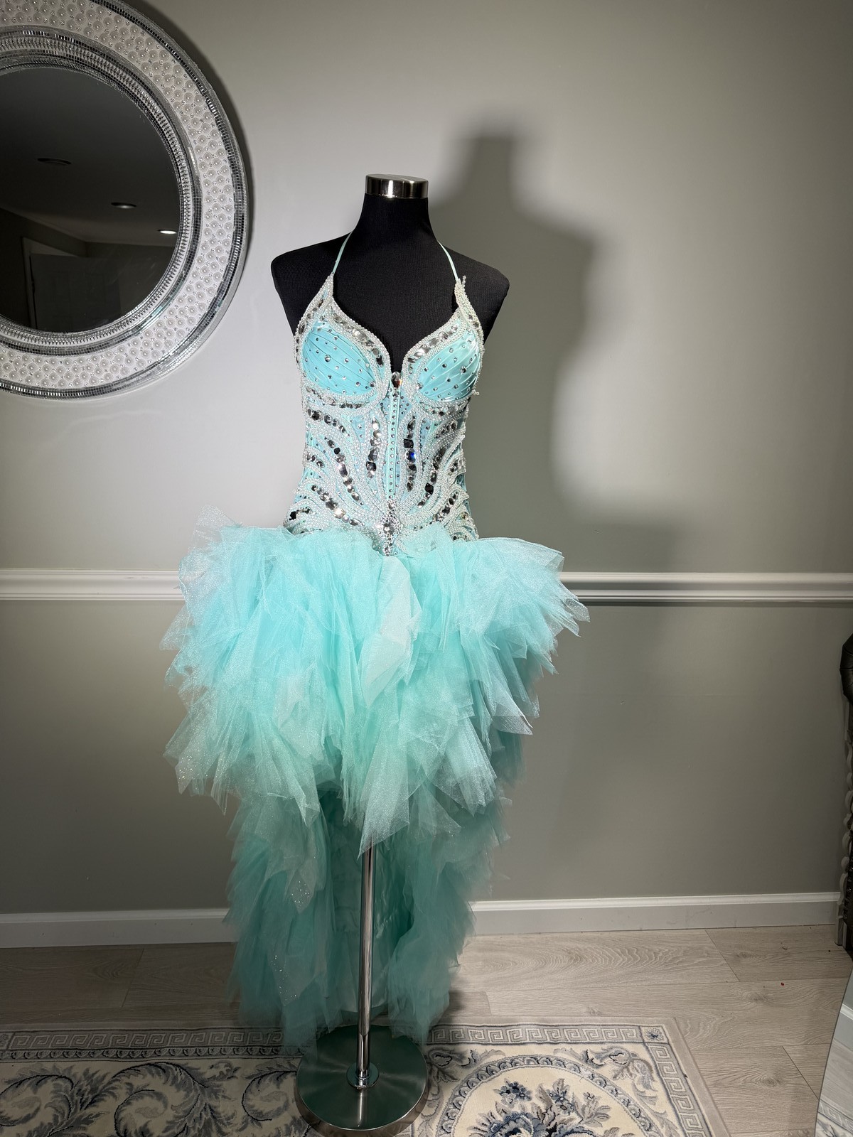 Mint Rhinestone Beaded Corset Strapless Tulle Mini Gown Size 10-12