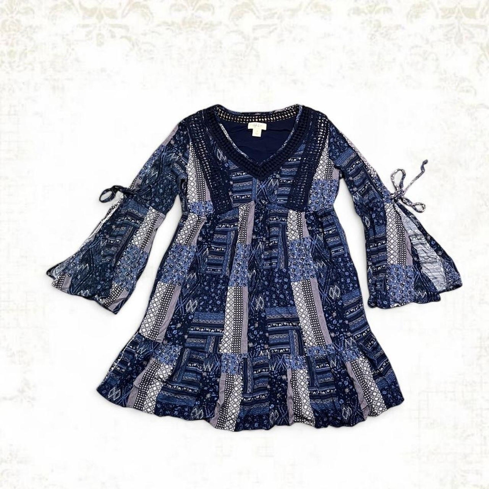 Style co boho multi pattern patchwork dress with bell sleeves