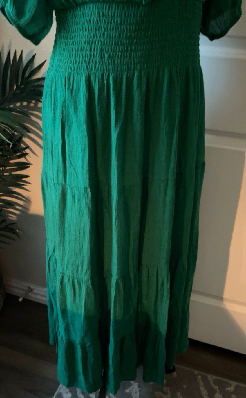 J Gee Emerald Green Smocked Midi Dress Puff Sleeve Ruffle Tiered Boho XL