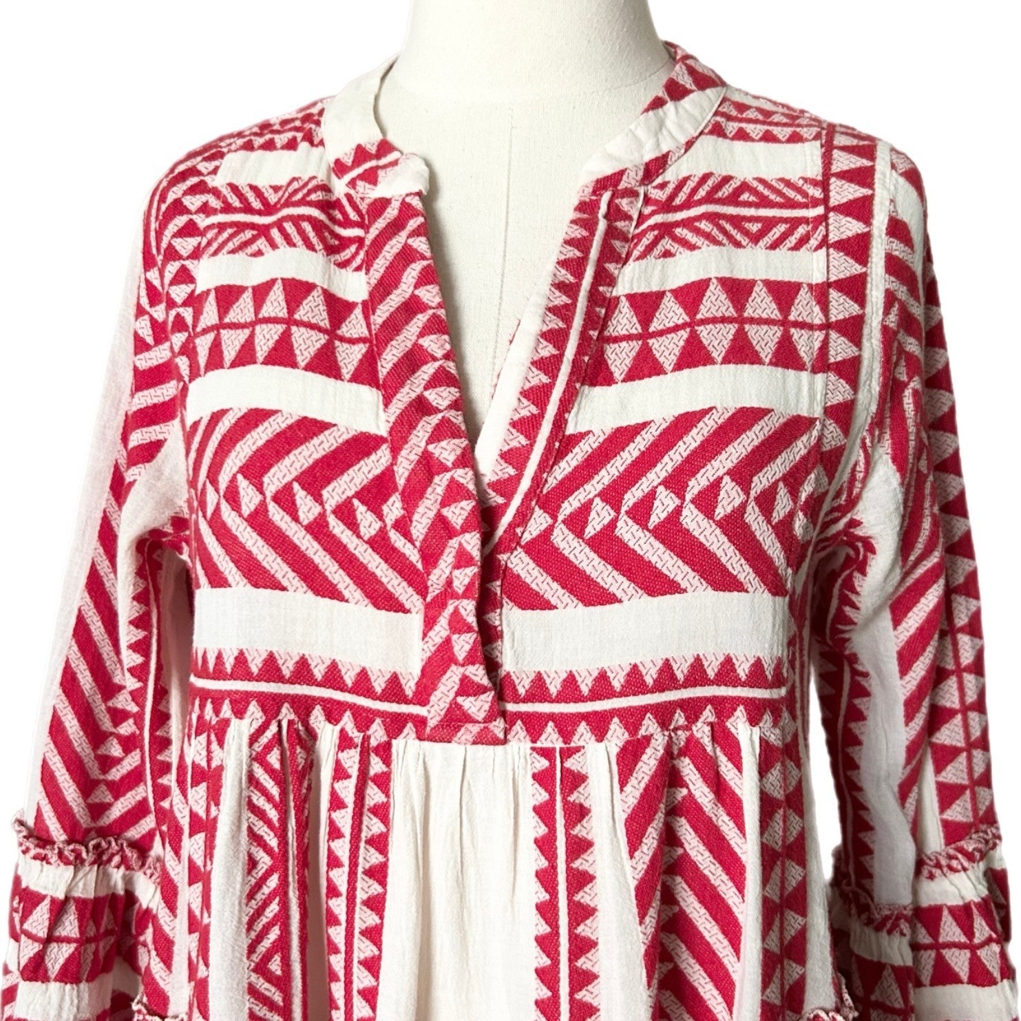 Devotion Twins Ella Red White Embroidered Jacquard Tiered Mini Dress XS