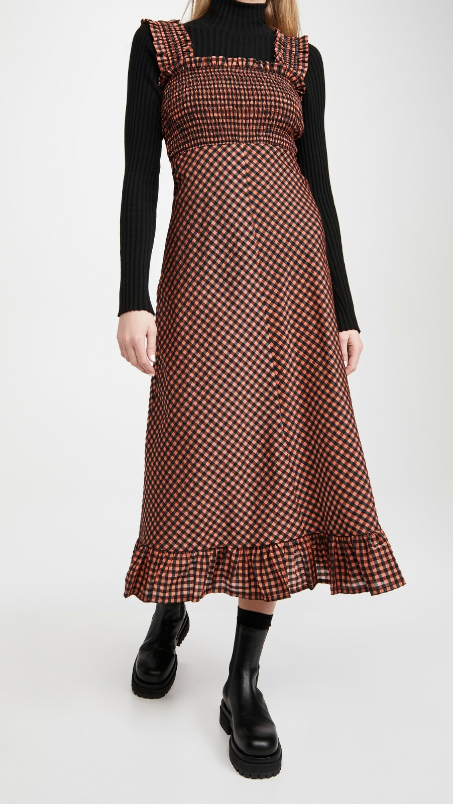 NWT GANNI Seersucker Check Long Dress in Flame Size EU38 (US6), EU40 (US8) $285