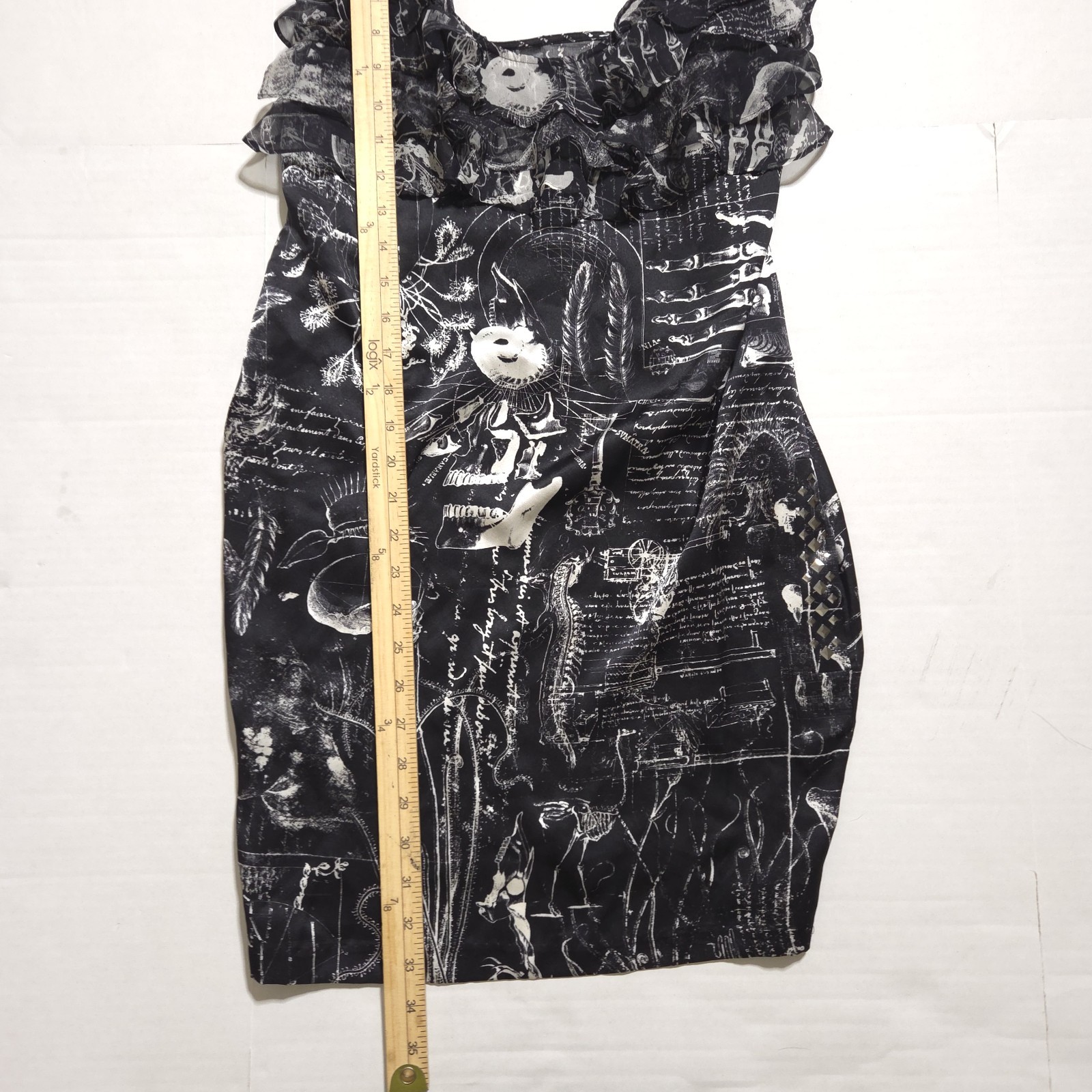 Affliction Black Mini Dress Size 10 Goth Tattoo Skulls Studded Pockets 100% Silk