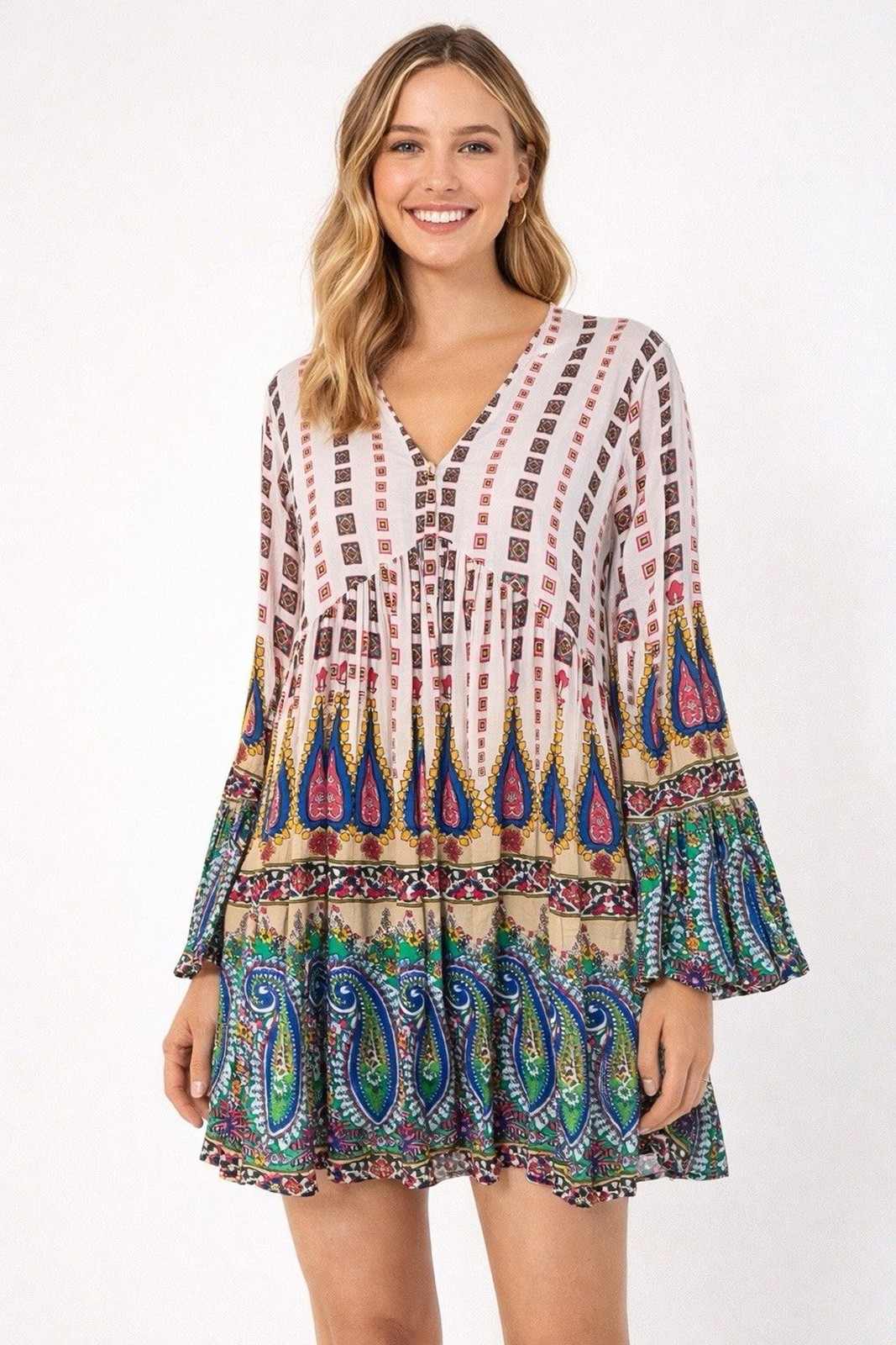 Umgee Boho Paisley Print V-Neck Mini Dress Long Sleeve Size L Flowy