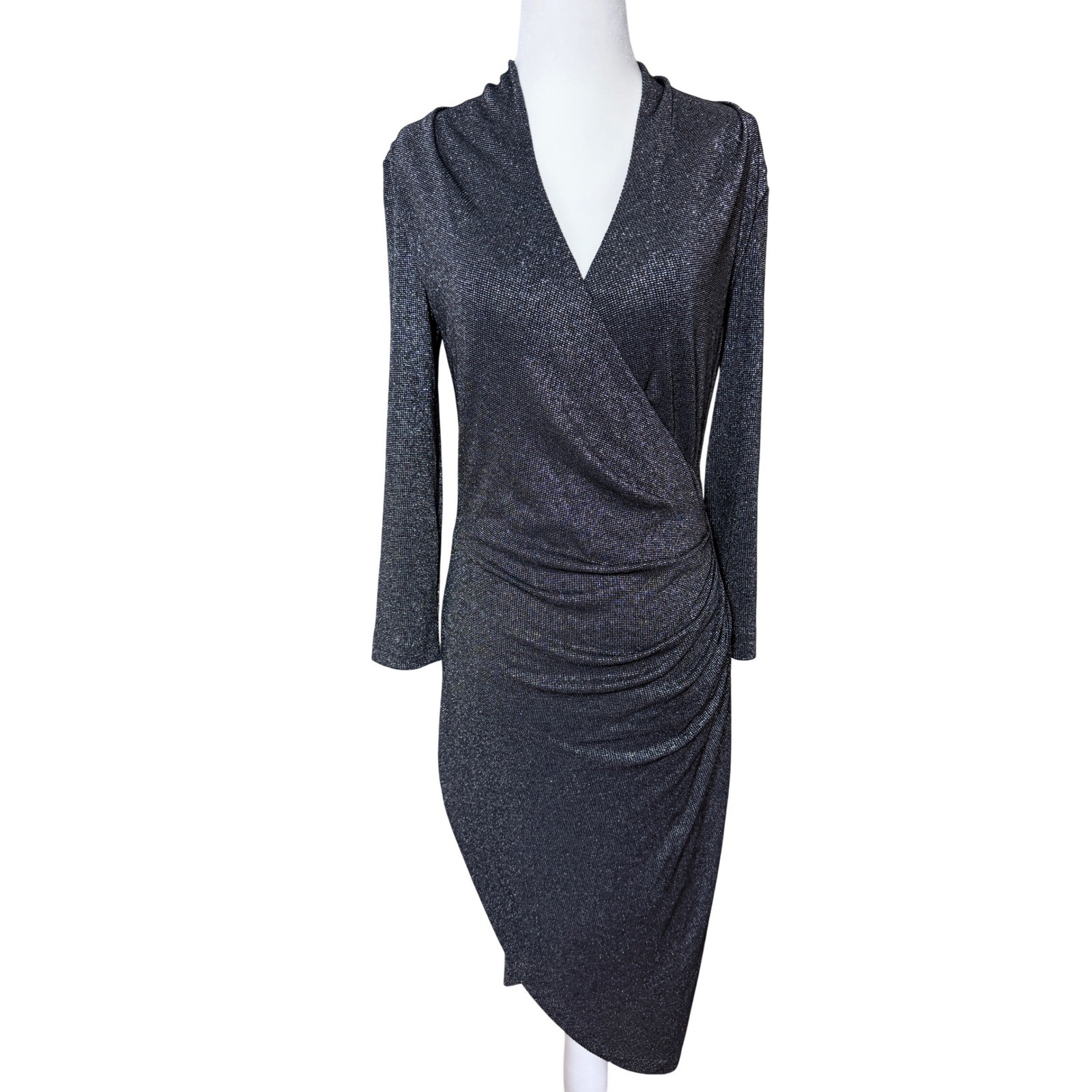 Nicole Miller Collection Silver Metallic Wrap Ruched Midi Dress BK10226 Size M
