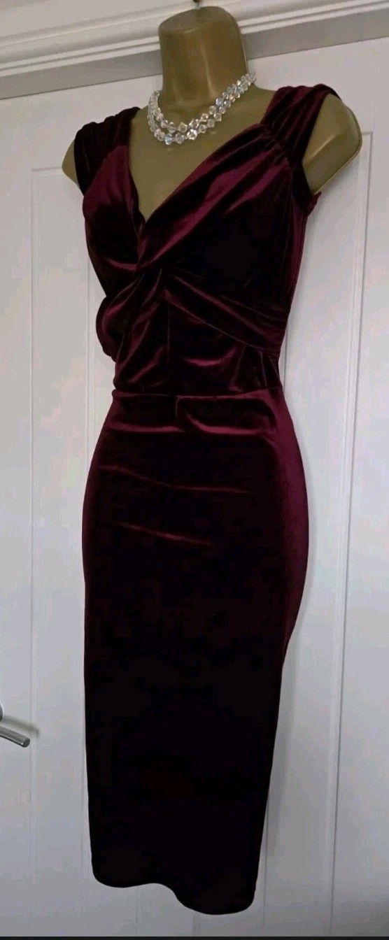Vintage 1940s 1950s Style Stretch Wine Velvet Pencil Party Dress Size 10 12
