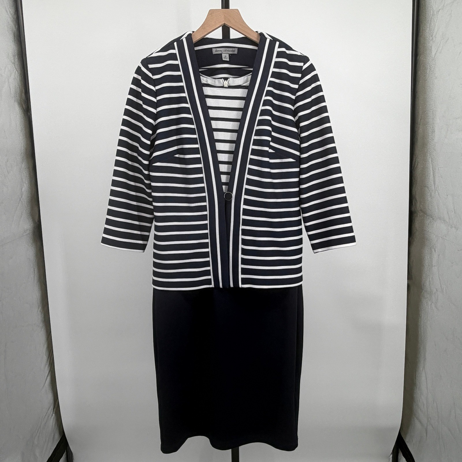 Danny and Nicole Striped Jacket Sheath Dress Set Navy White Size 10 Office