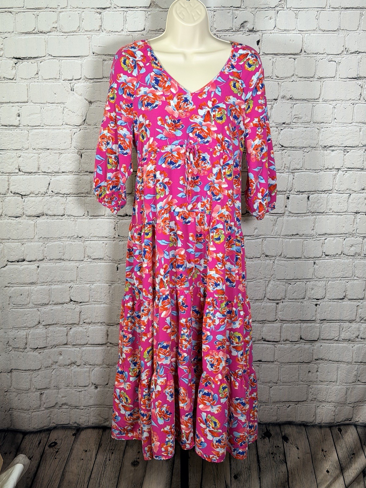 The Pioneer Woman Size S Maxi Dress Cottagecore Tiered Rayon Pink Floral Boho
