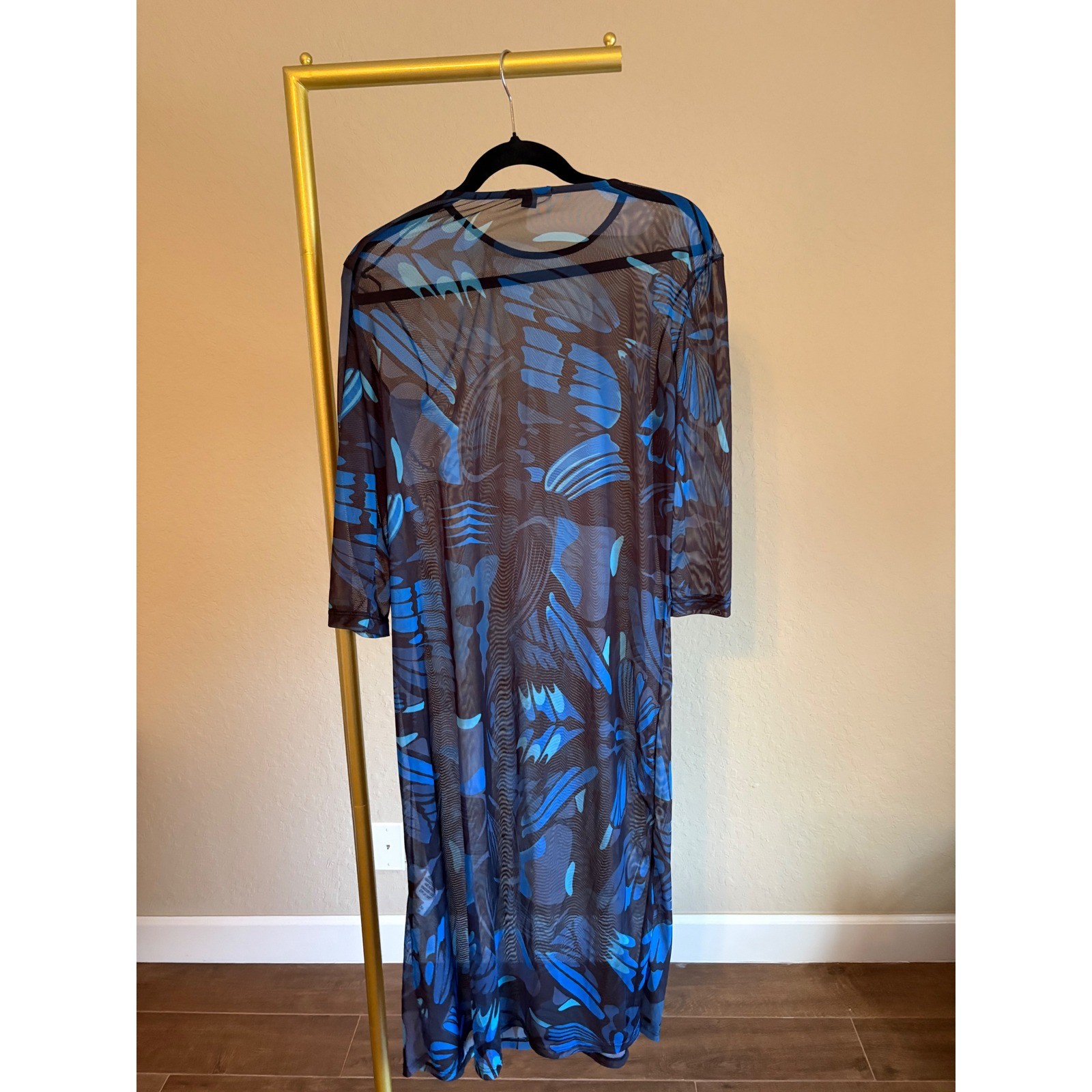 Zinzane Midi Dress Blue Black Abstract Print Mesh Sheer 3/4 Sleeve Size M