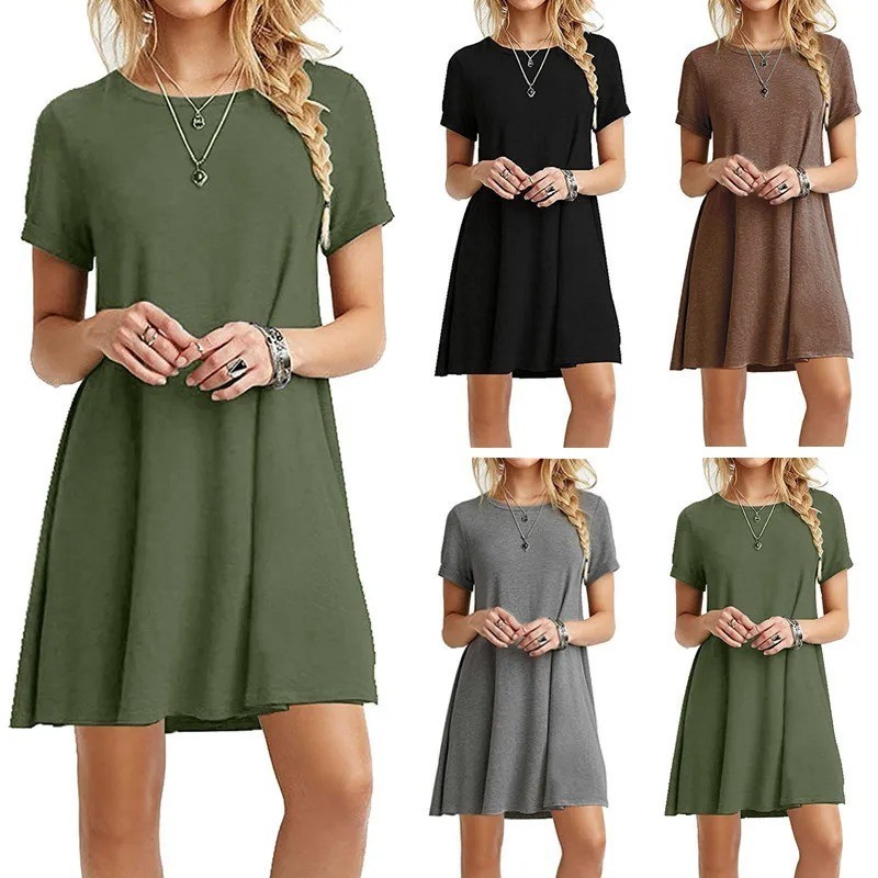 Womens Ladies Summer Short Sleeve Swing Dress Casual Loose Mini T-Shirt Dress UK