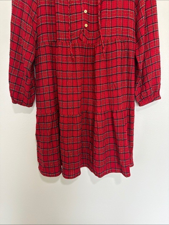 Ann Taylor LOFT Metallic Tartan Plaid Tiered A-Line Dress Holiday Red Small