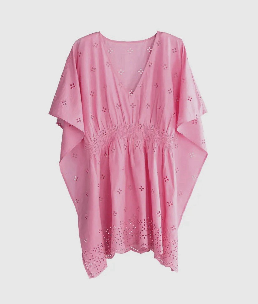 Women’s Resort Kaftan Pink Eyelet Cotton Cover-Up Dress Embroidered M/L