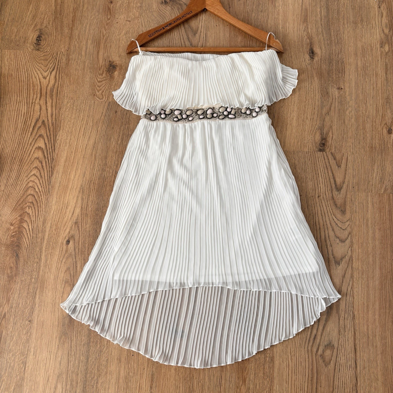 Vintage Jane Norman Dress Fit 8 Cream Strapless Pleated Mini Beaded Party Y2K
