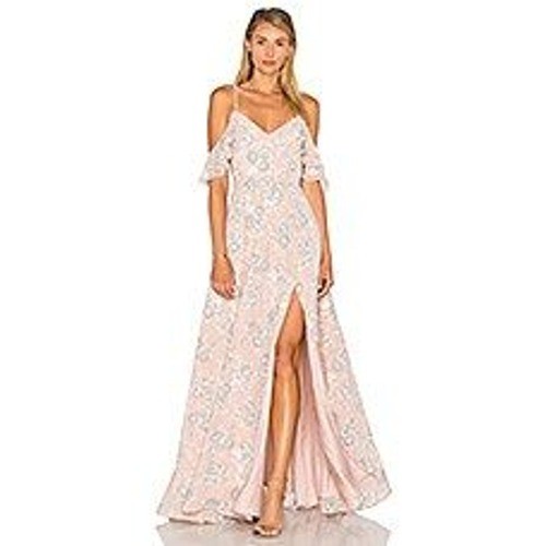 Lovers + Friends Pink Floral Cold Shoulder Maxi Dress V-Neck Ruffle Gown Slit